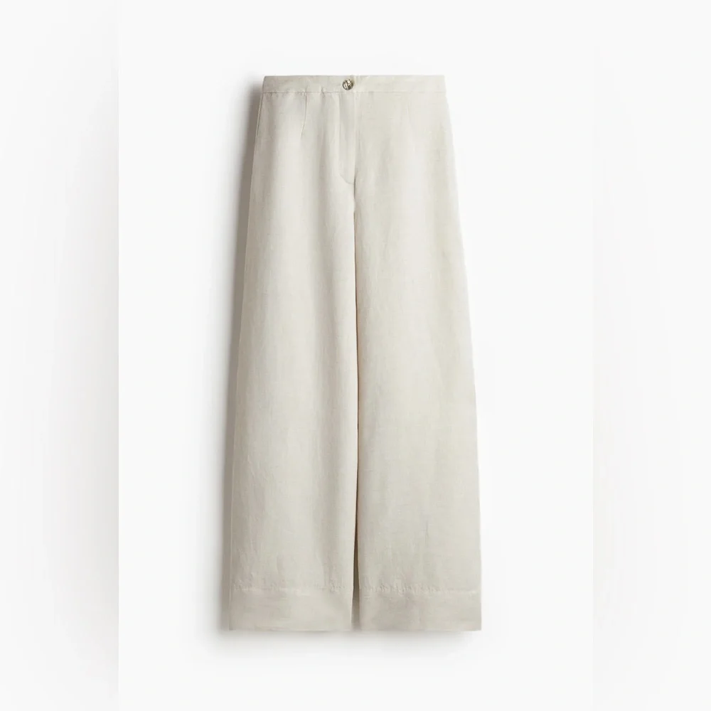 H&M Linen Blend Wide Leg Pants High Waisted Neutral Cream Tan sz 2